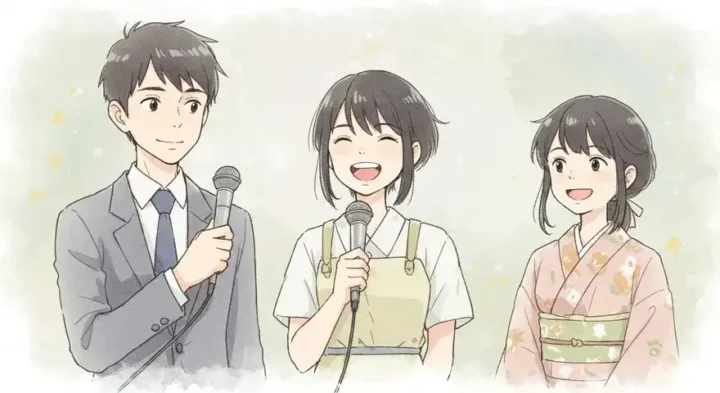 自己紹介する若い女性とその友人二人