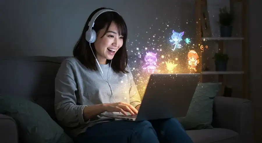 ノートPCを喜びと驚きの表情で見つめている女性