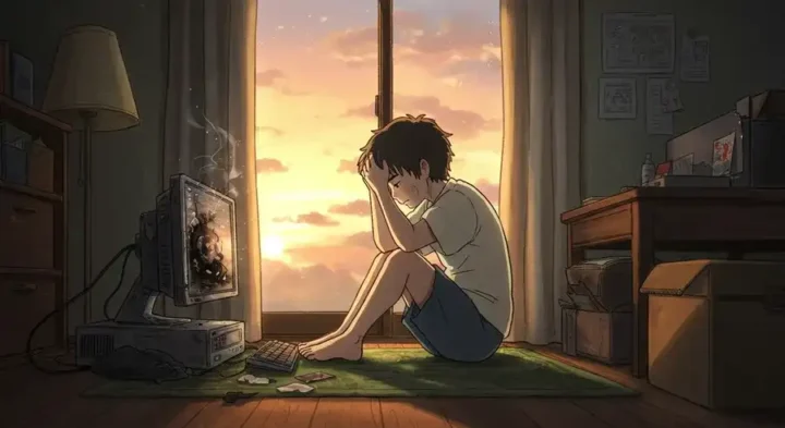 PCが壊れる様子と悲しむ少年